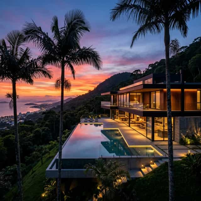 Ultra-luxury modern architectural home nestled in a lush mountain landscape at twilight with silhouetted palm trees in Florianópolis
