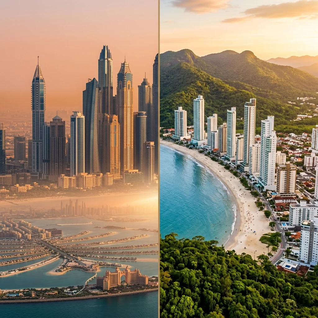 Aerial comparison of Dubai skyscrapers and Brazilian coastal city with beaches and mountains